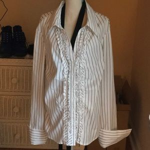 Cotton poly pin stripped shirt with ruffle decorative button front